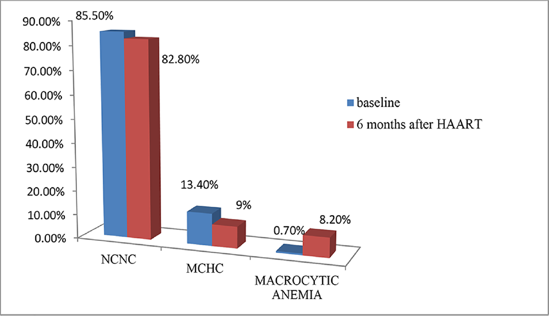 Percentage of HIV-infected patients with types of anemia before and after highly active antiretroviral therapy (HAART; N = 134).